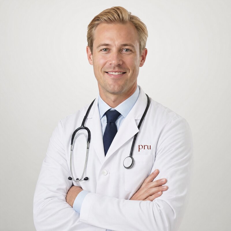 Smiling clinician in a white Pru coat with a stethoscope
