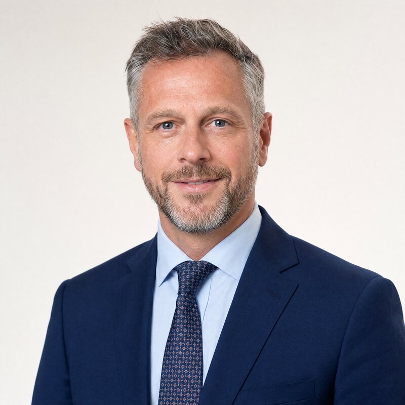 Smiling man in a navy suit