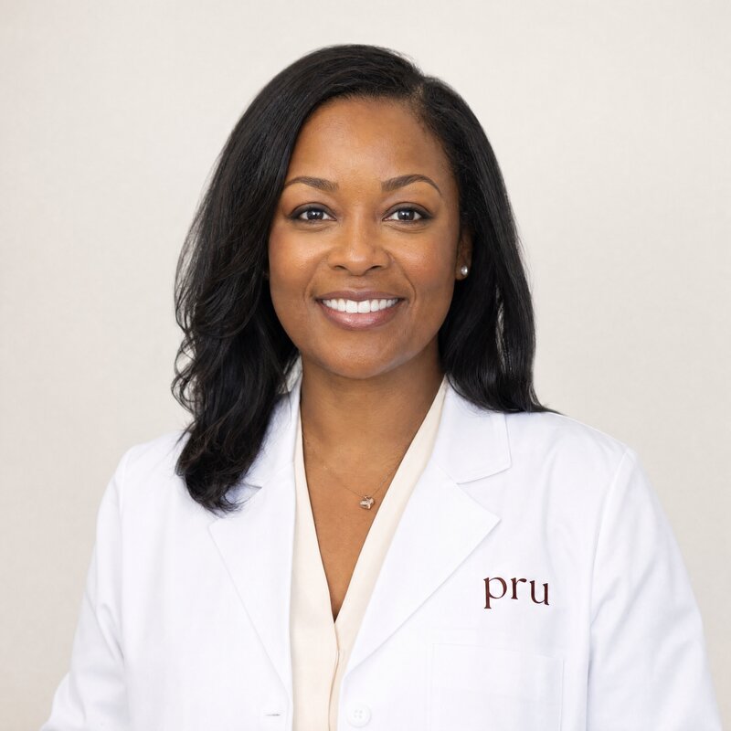 Smiling clinician in a white Pru coat